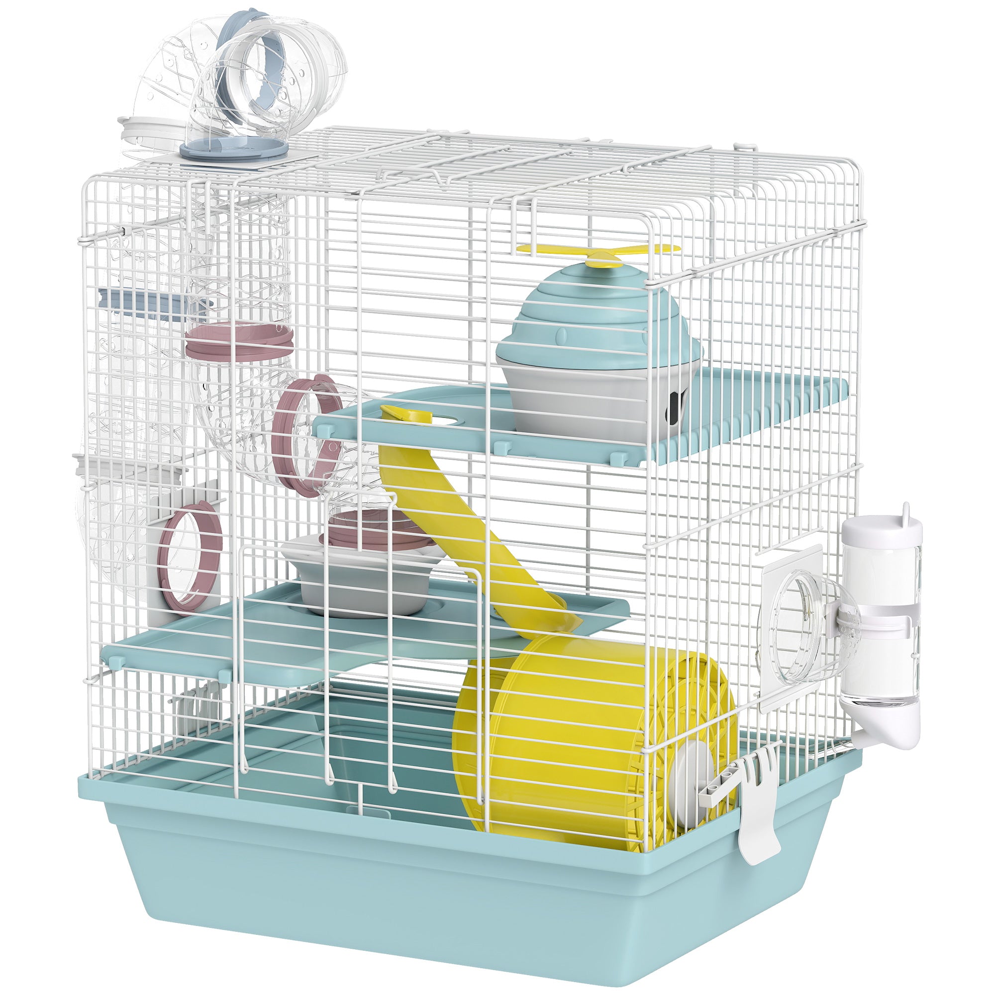 3-Level Hamster Cage with Exercise Wheel, Play Tube, Water Bottle, Food Dish, Hut, Ladder, Blue-Small Animals-DECOROLALA