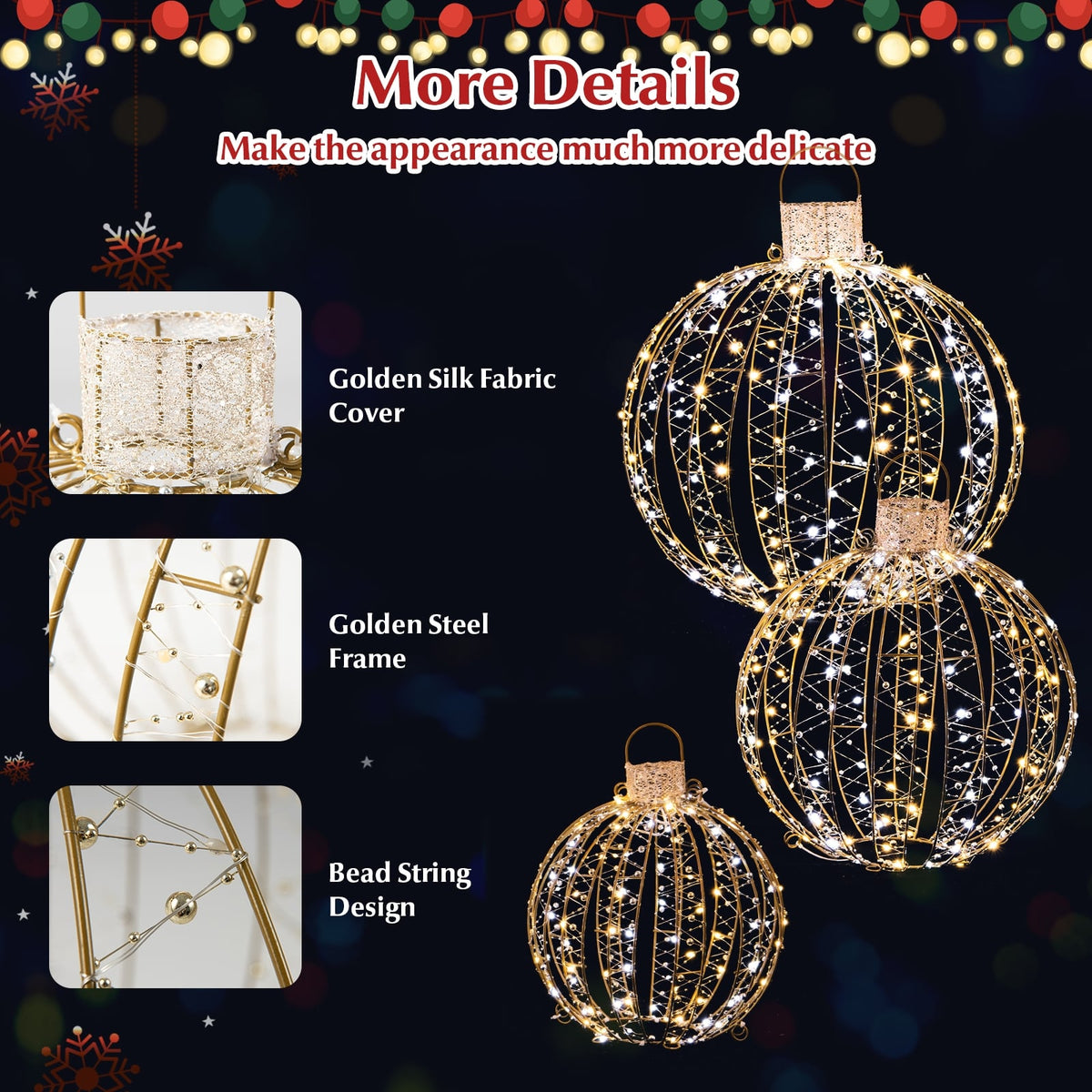 3 Pack Christmas LED Light Balls with Cable Ties and 6 Stakes-Golden-Christmas Decorations & Accessories-DECOROLALA