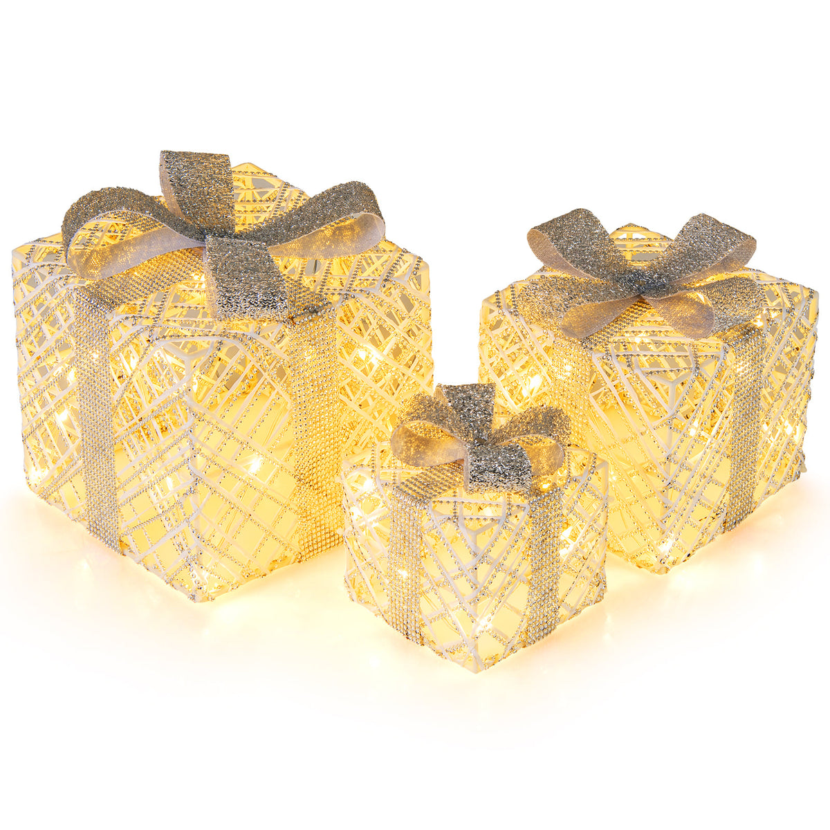 3 Pack Christmas Lighted Gift Box with 50 LED Lights and Detachable Bows-Christmas Decorations & Accessories-DECOROLALA