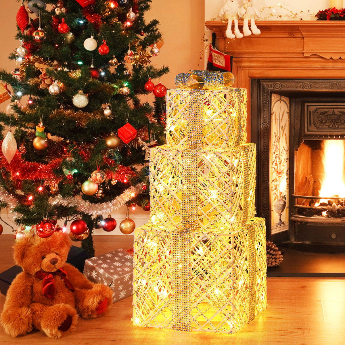 3 Pack Christmas Lighted Gift Box with 50 LED Lights and Detachable Bows-Christmas Decorations & Accessories-DECOROLALA