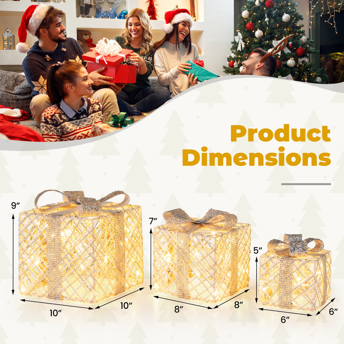 3 Pack Christmas Lighted Gift Box with 50 LED Lights and Detachable Bows-Christmas Decorations & Accessories-DECOROLALA