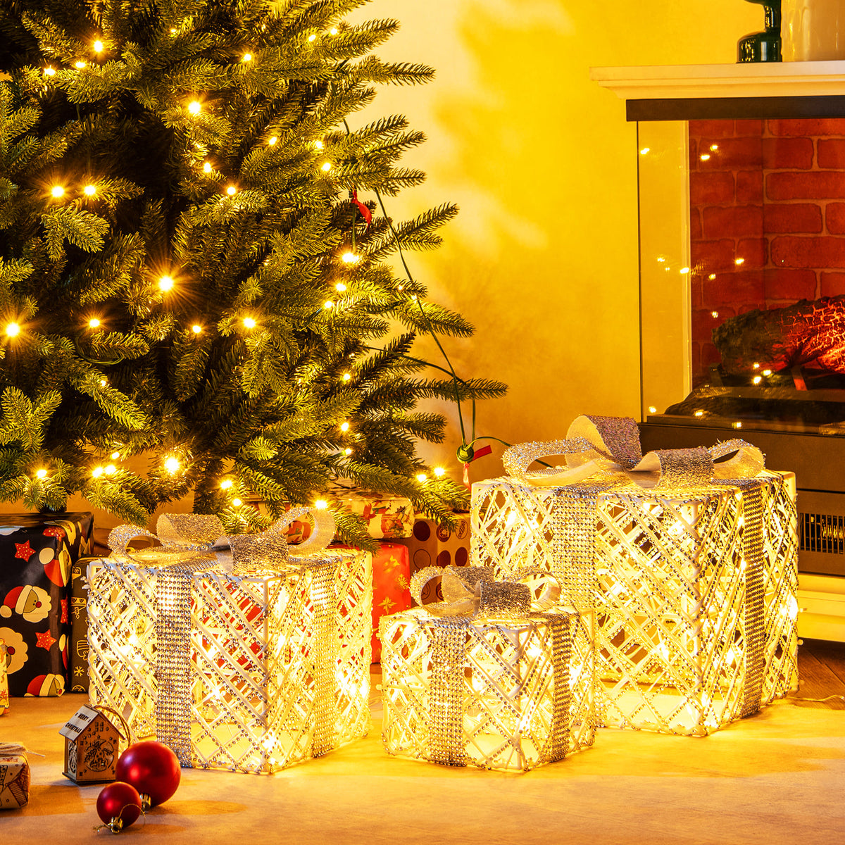 3 Pack Christmas Lighted Gift Box with 50 LED Lights and Detachable Bows-Christmas Decorations & Accessories-DECOROLALA