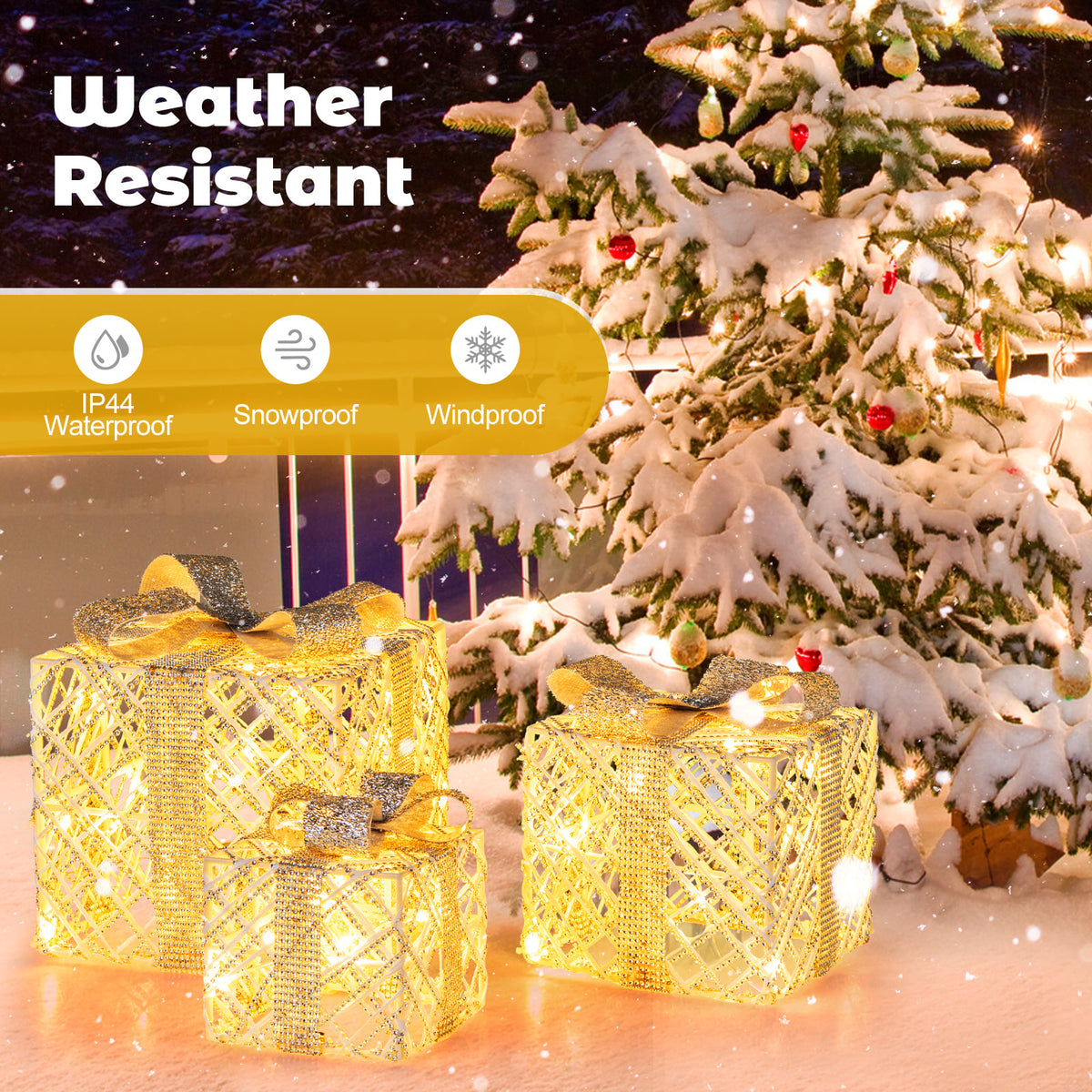 3 Pack Christmas Lighted Gift Box with 50 LED Lights and Detachable Bows-Christmas Decorations & Accessories-DECOROLALA