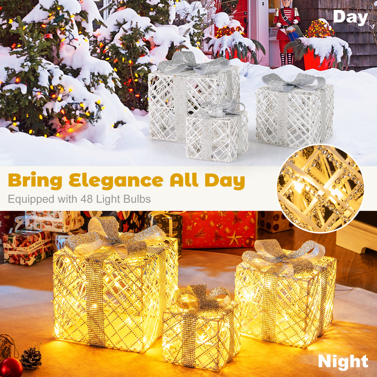 3 Pack Christmas Lighted Gift Box with 50 LED Lights and Detachable Bows-Christmas Decorations & Accessories-DECOROLALA