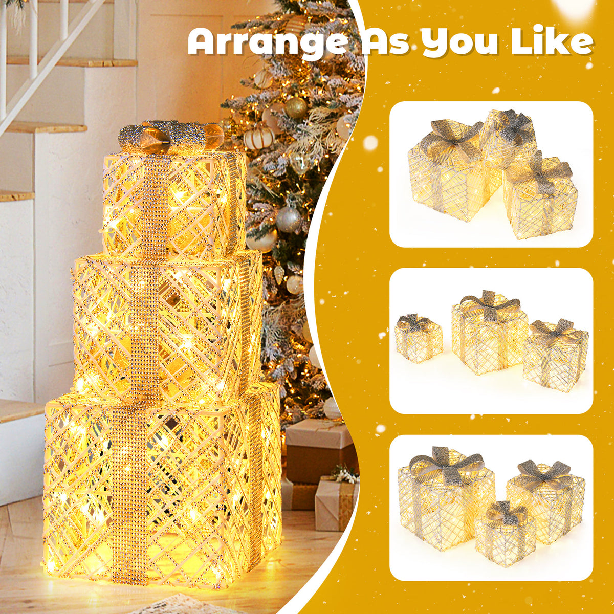 3 Pack Christmas Lighted Gift Box with 50 LED Lights and Detachable Bows-Christmas Decorations & Accessories-DECOROLALA