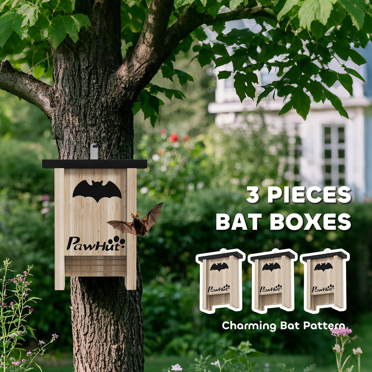 3-Pack Wooden Bat Houses - Fir Wood Outdoor Bat Boxes 22.5cm-Small Animals-DECOROLALA