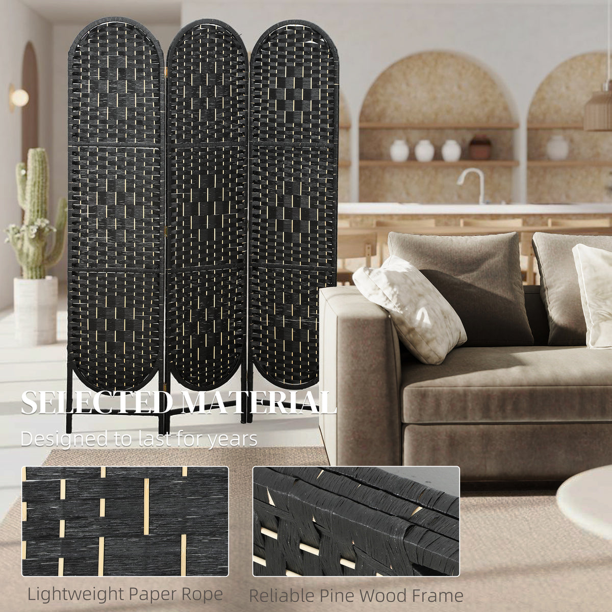 3-Panel Bohemian Privacy Screen - Black Arched Room Divider-Home Furnishings > Living Room Furniture > Room Dividers-DECOROLALA