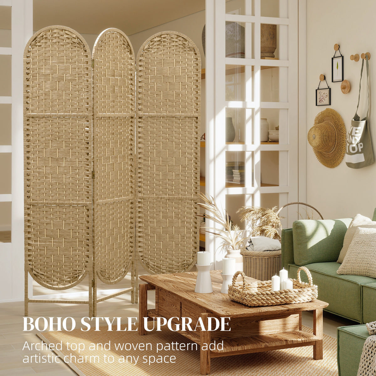 3-Panel Bohemian Room Divider - Natural Wood 67" H-Home Furnishings > Living Room Furniture > Room Dividers-DECOROLALA