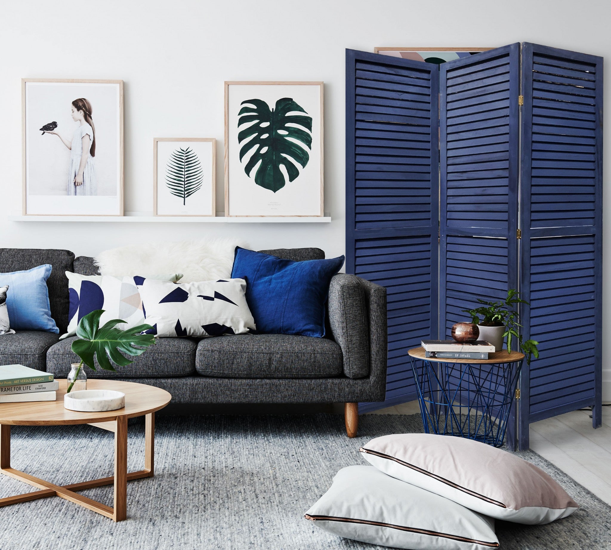 3 Panel Dark Blue Shutter Screen Room Divider-Room Dividers-DECOROLALA
