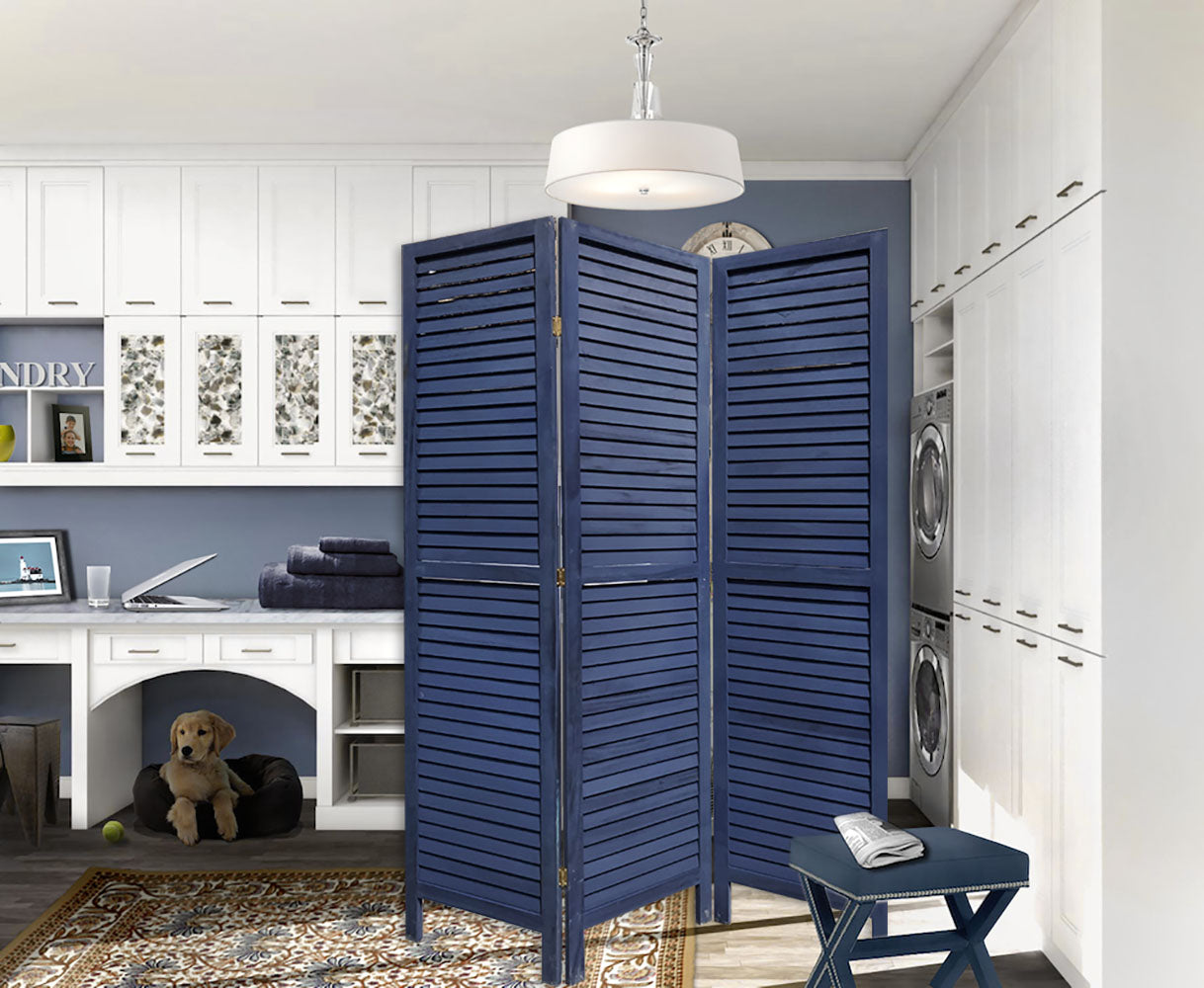 3 Panel Dark Blue Shutter Screen Room Divider-Room Dividers-DECOROLALA