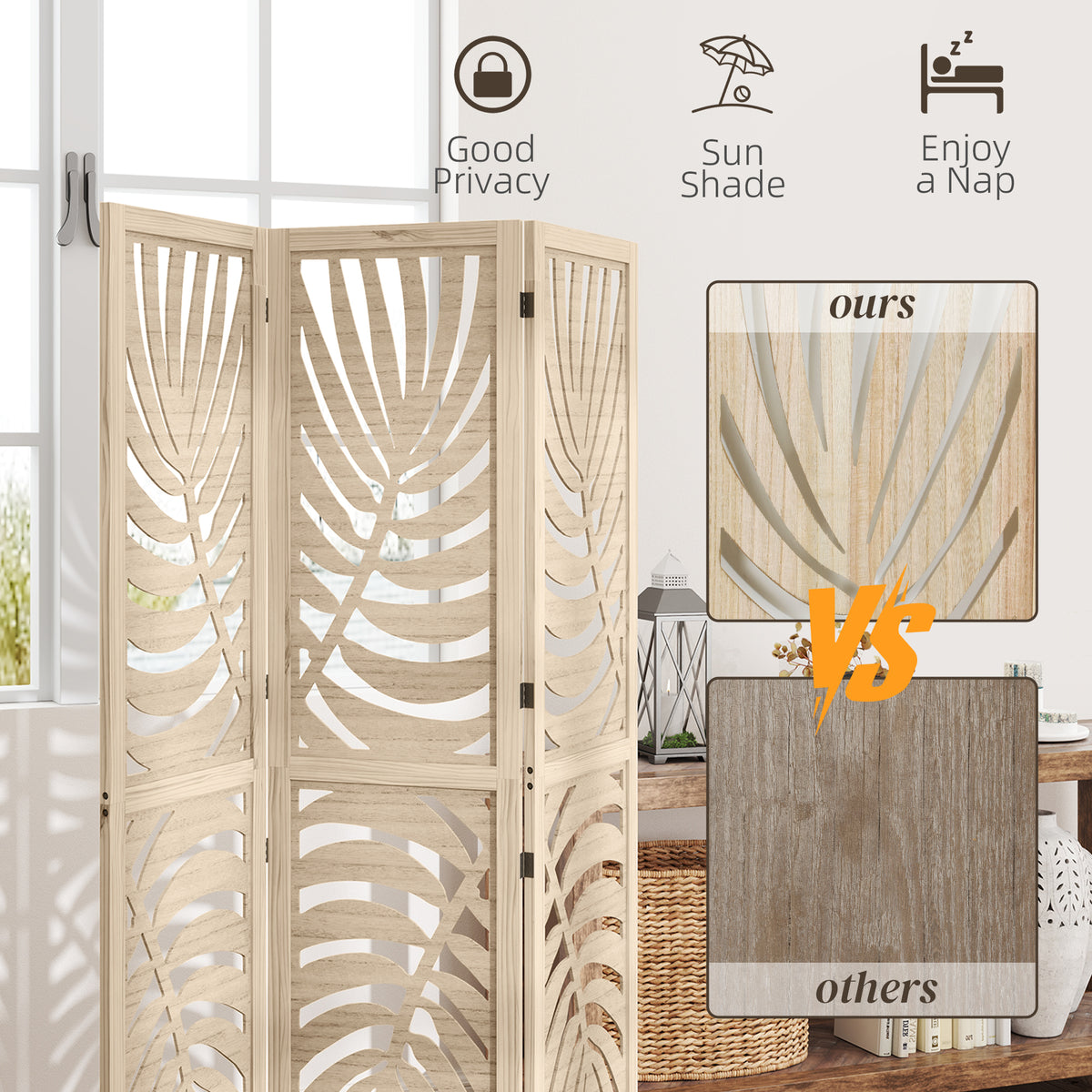 3-Panel Detachable Room Divider - Palm Leaf Wood Finish-Home Furnishings > Living Room Furniture > Room Dividers-DECOROLALA