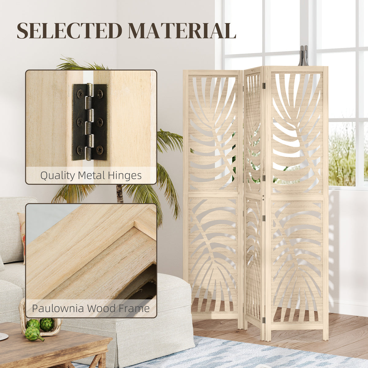 3-Panel Detachable Room Divider - Palm Leaf Wood Finish-Home Furnishings > Living Room Furniture > Room Dividers-DECOROLALA