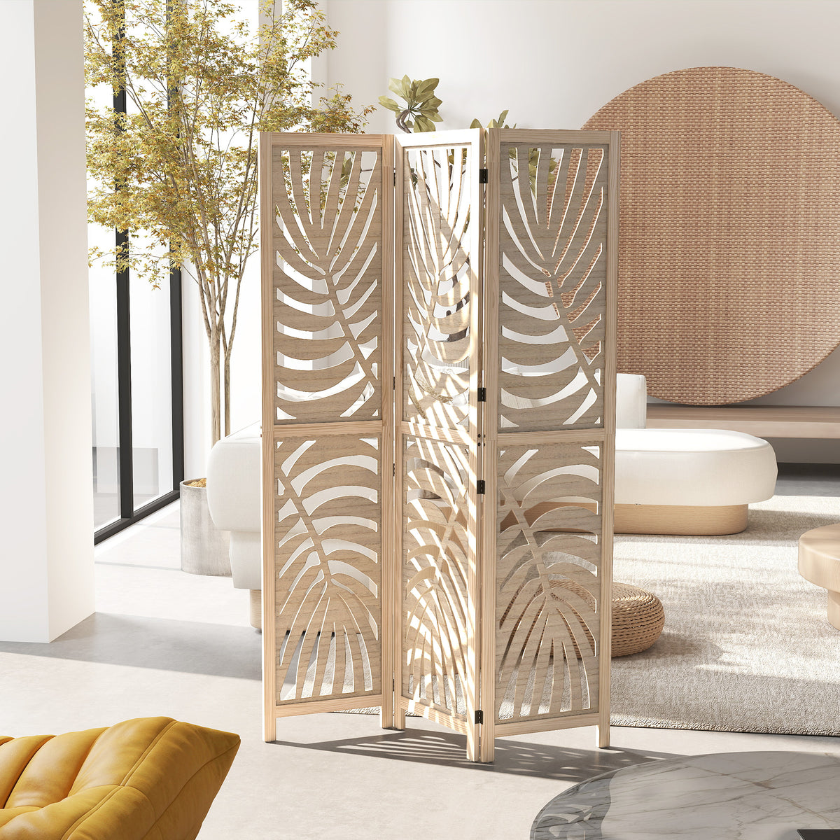 3-Panel Detachable Room Divider - Palm Leaf Wood Finish-Home Furnishings > Living Room Furniture > Room Dividers-DECOROLALA
