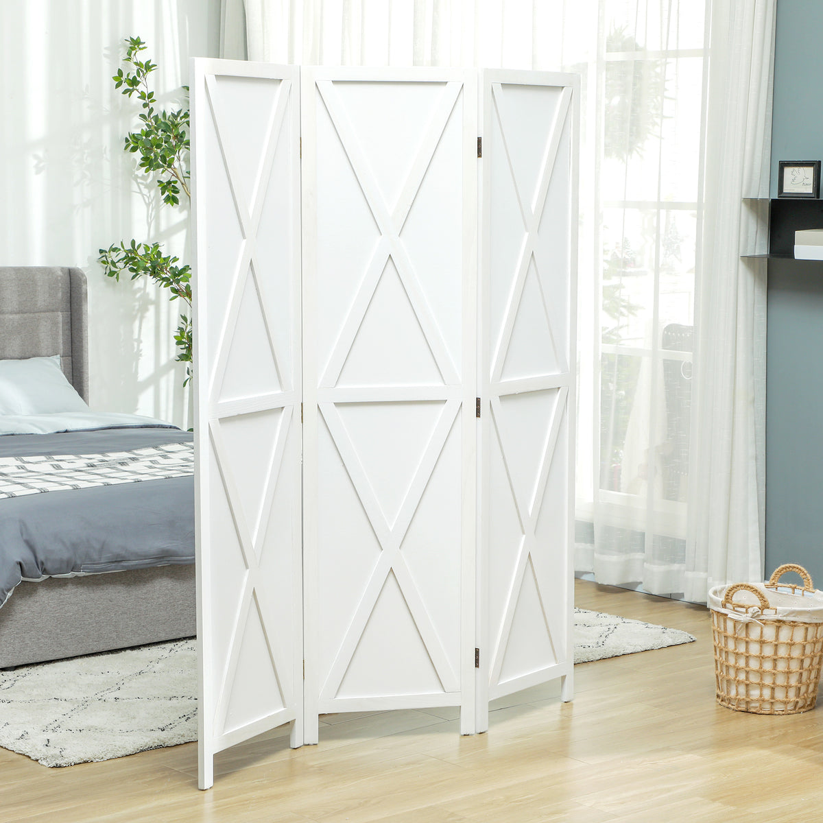 3-Panel Farmhouse Wood Room Divider - White 5.6FT-Home Furnishings > Living Room Furniture > Room Dividers-DECOROLALA