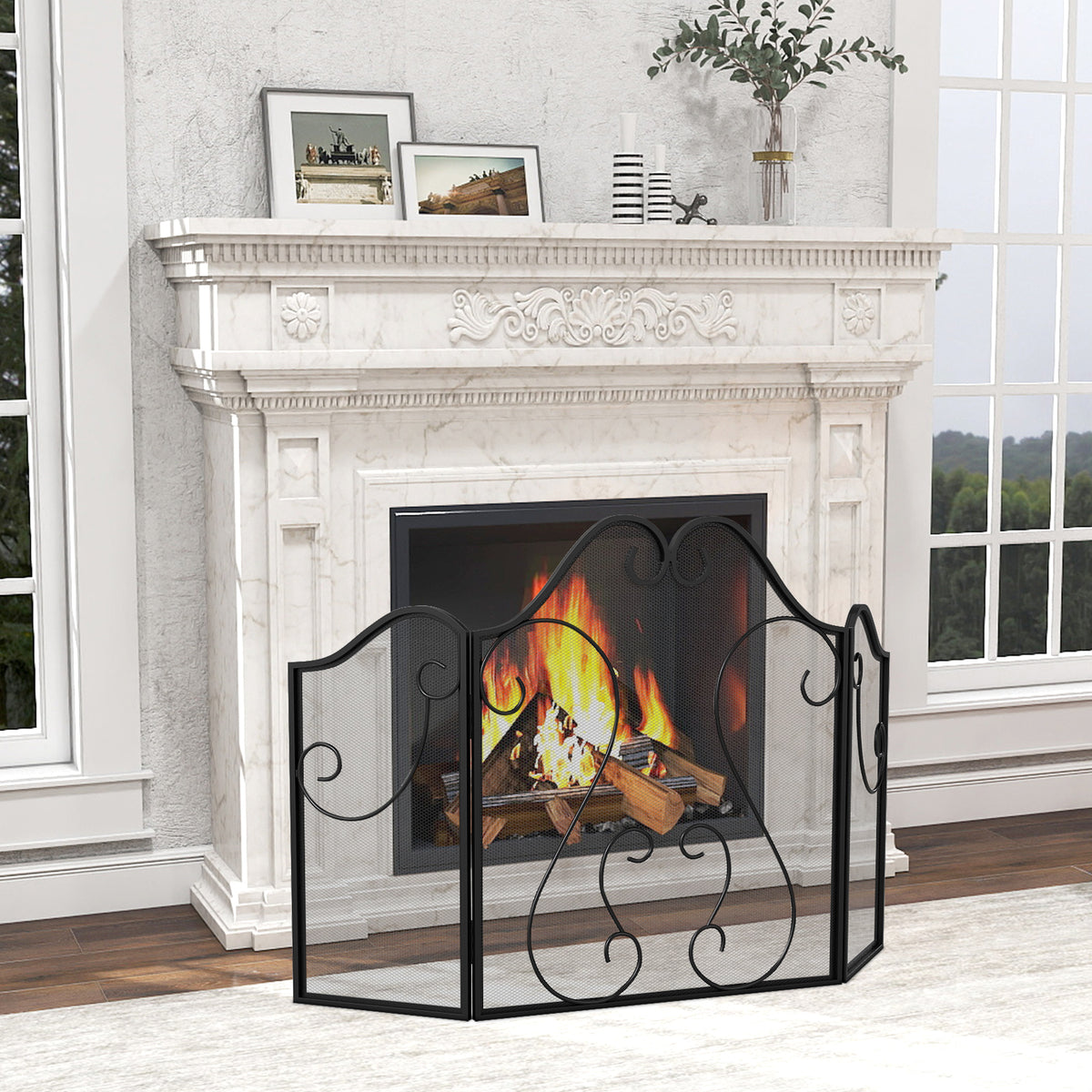 3 Panel Fireplace Screen Foldable Spark Guard Cover with Decorative Scroll-Fireplace Tools-DECOROLALA