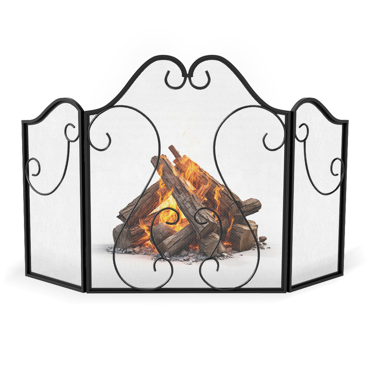 3 Panel Fireplace Screen Foldable Spark Guard Cover with Decorative Scroll-Fireplace Tools-DECOROLALA