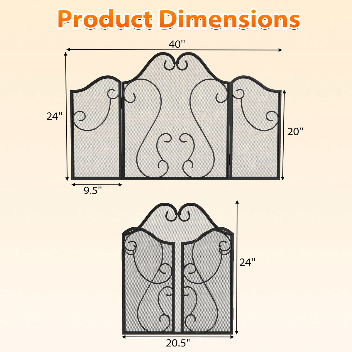 3 Panel Fireplace Screen Foldable Spark Guard Cover with Decorative Scroll-Fireplace Tools-DECOROLALA
