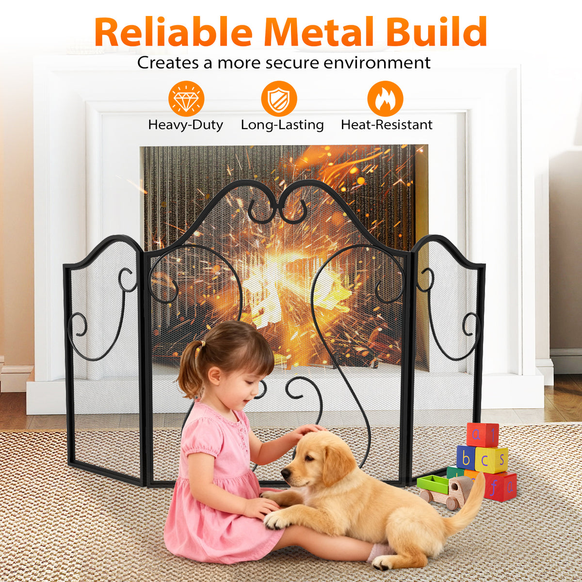 3 Panel Fireplace Screen Foldable Spark Guard Cover with Decorative Scroll-Fireplace Tools-DECOROLALA