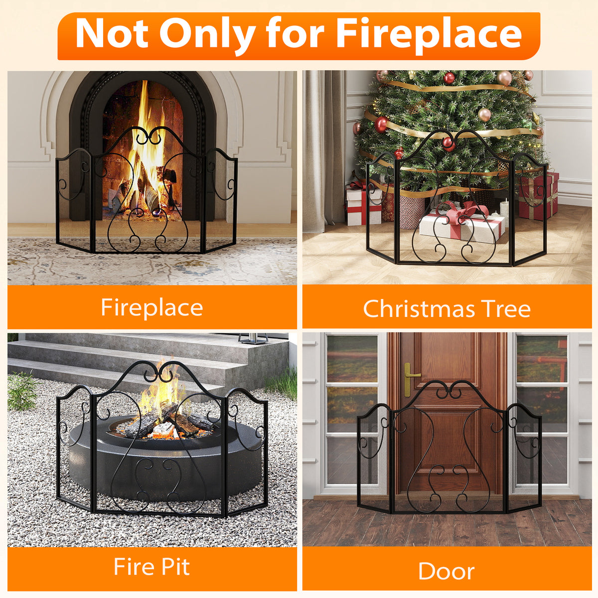 3 Panel Fireplace Screen Foldable Spark Guard Cover with Decorative Scroll-Fireplace Tools-DECOROLALA