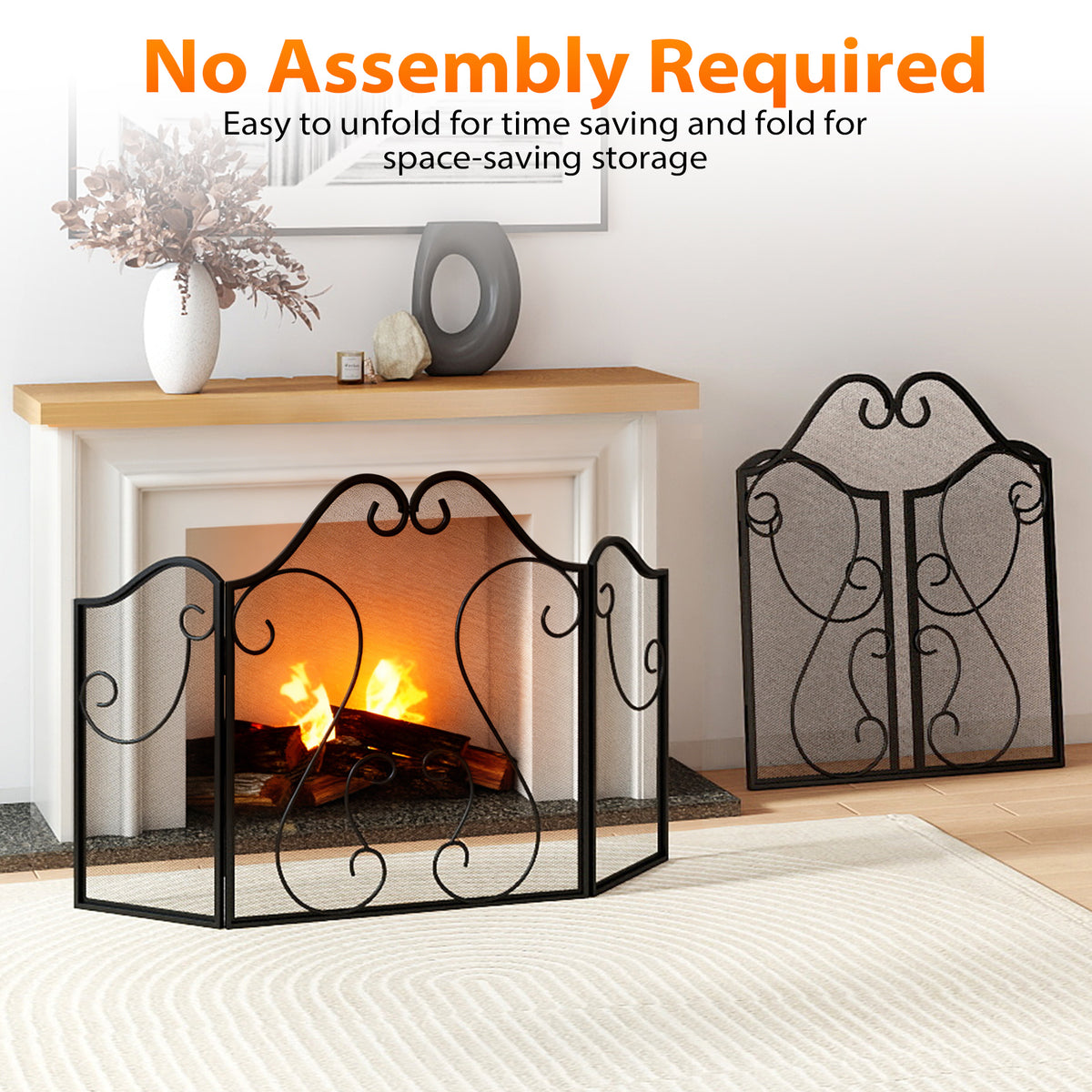 3 Panel Fireplace Screen Foldable Spark Guard Cover with Decorative Scroll-Fireplace Tools-DECOROLALA