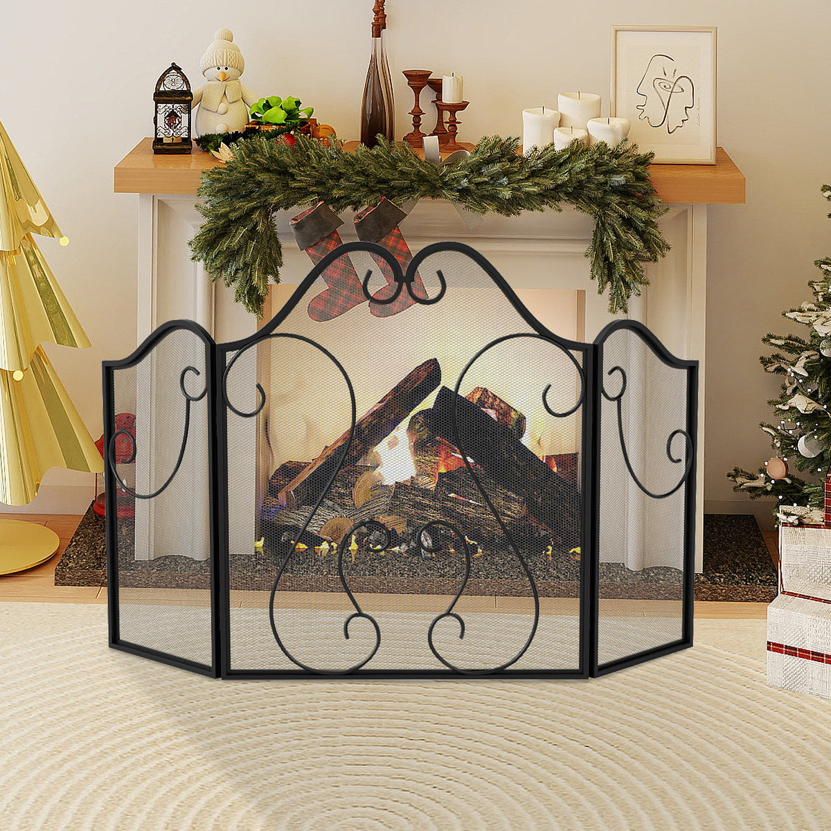 3 Panel Fireplace Screen Foldable Spark Guard Cover with Decorative Scroll-Fireplace Tools-DECOROLALA