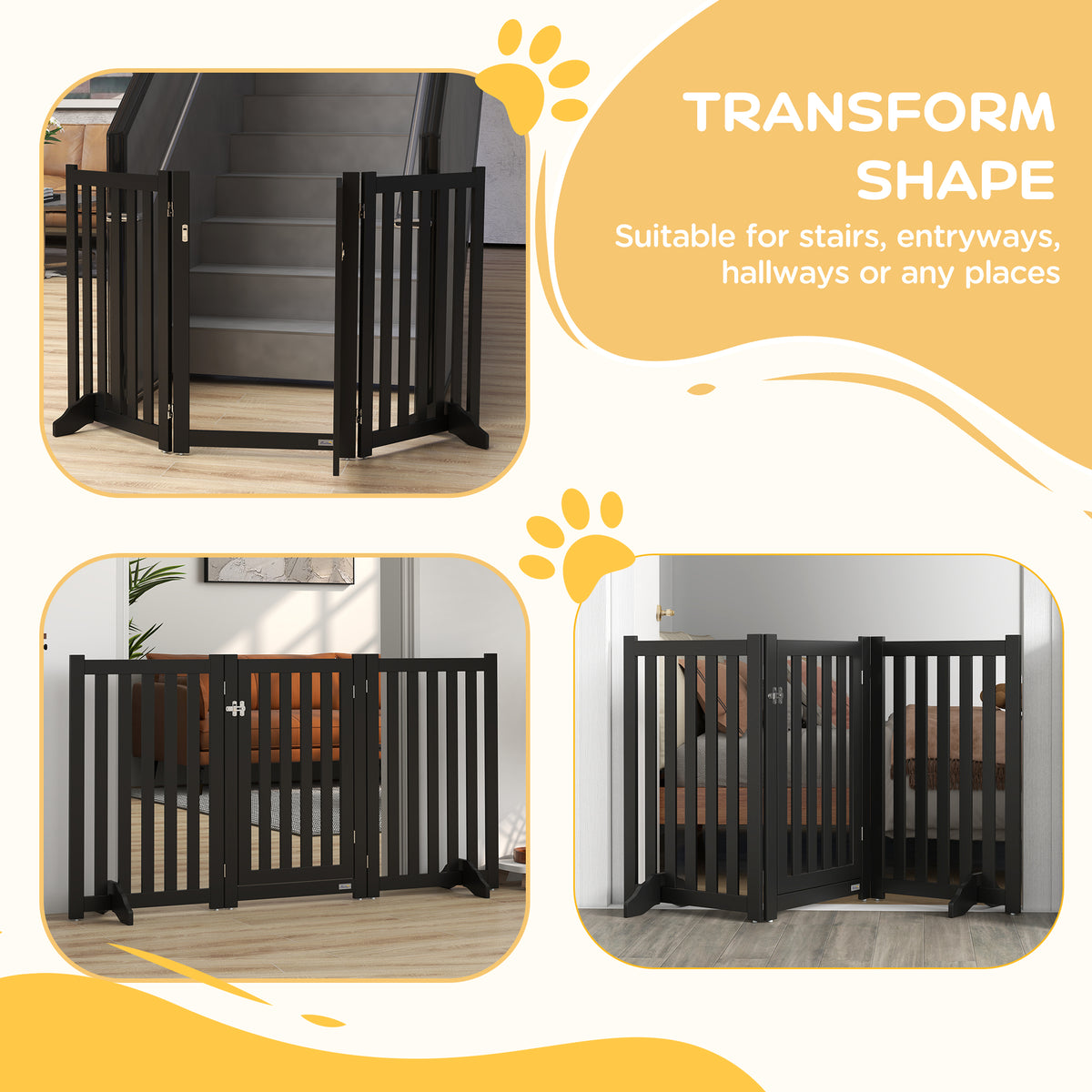 3-Panel Foldable Dog Gate with Door and Feet - Black MDF 31.5"H-Dogs-DECOROLALA