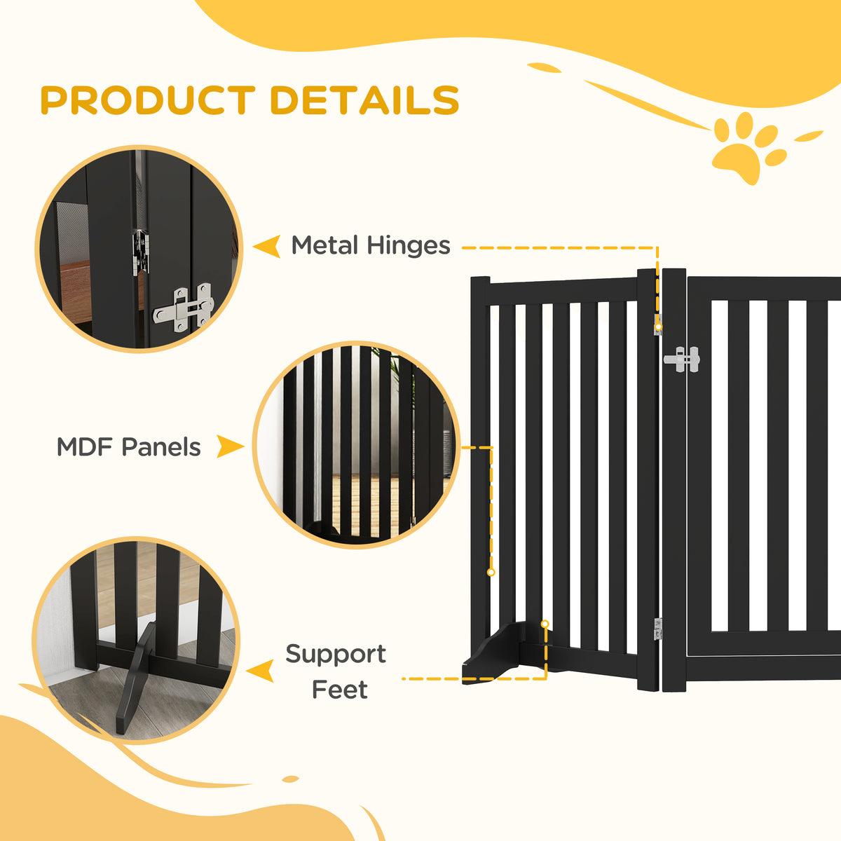 3-Panel Foldable Dog Gate with Door and Feet - Black MDF 31.5"H-Dogs-DECOROLALA