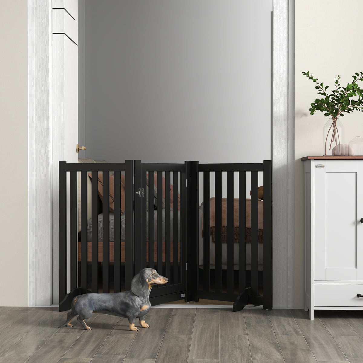 3-Panel Foldable Dog Gate with Door and Feet - Black MDF 31.5"H-Dogs-DECOROLALA
