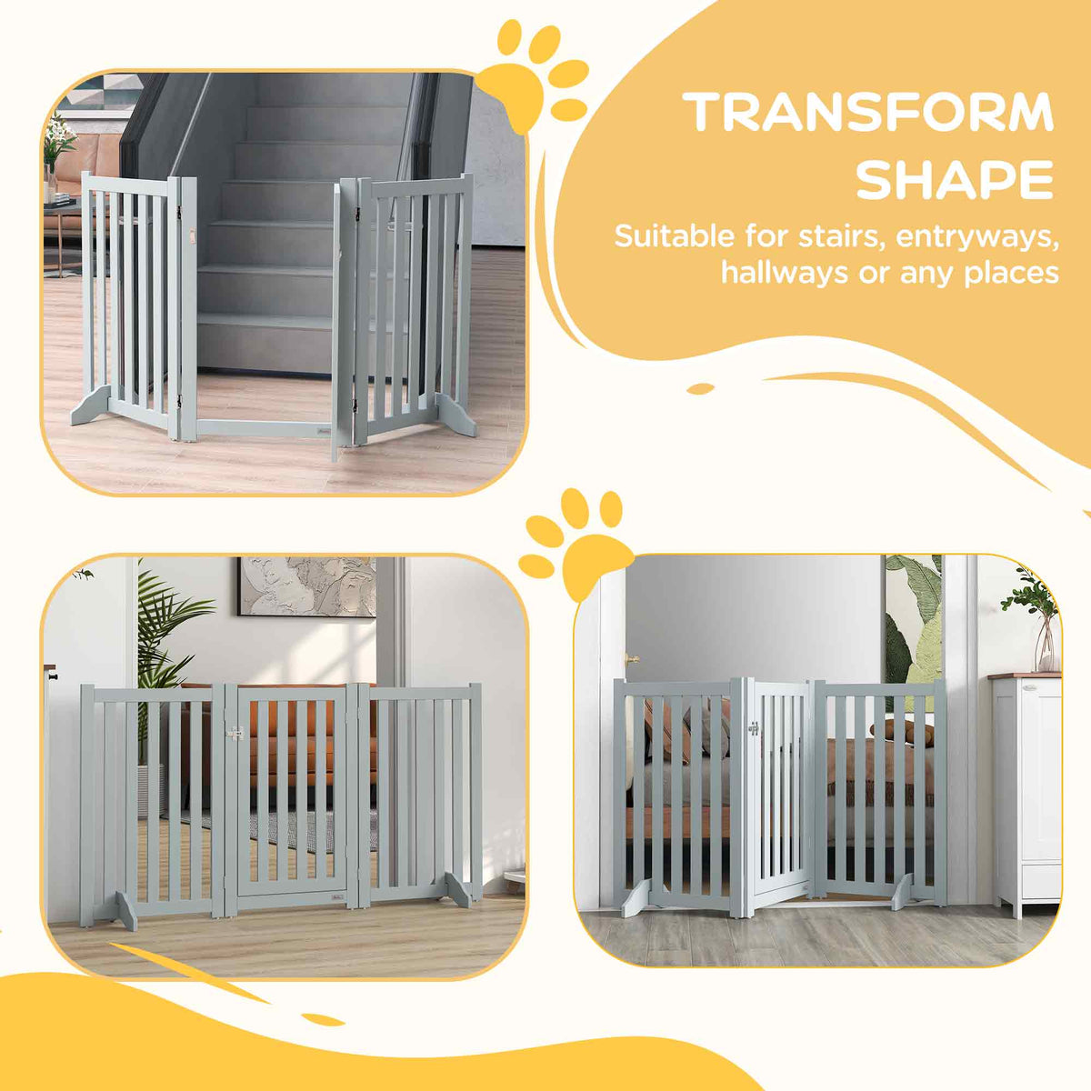 3-Panel Foldable Dog Gate with Door and Support Feet - Grey 31"H-Dogs-DECOROLALA
