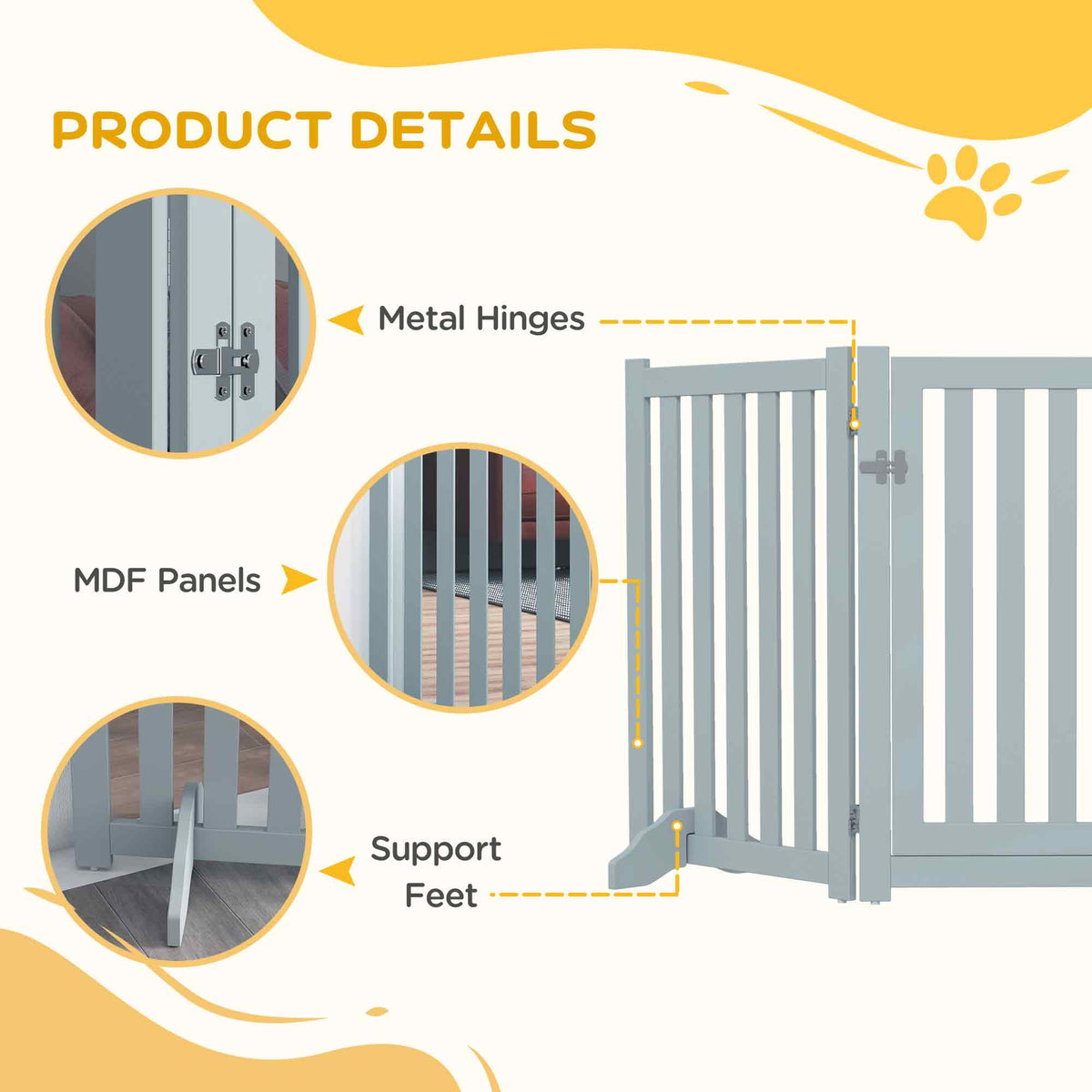 3-Panel Foldable Dog Gate with Door and Support Feet - Grey 31"H-Dogs-DECOROLALA