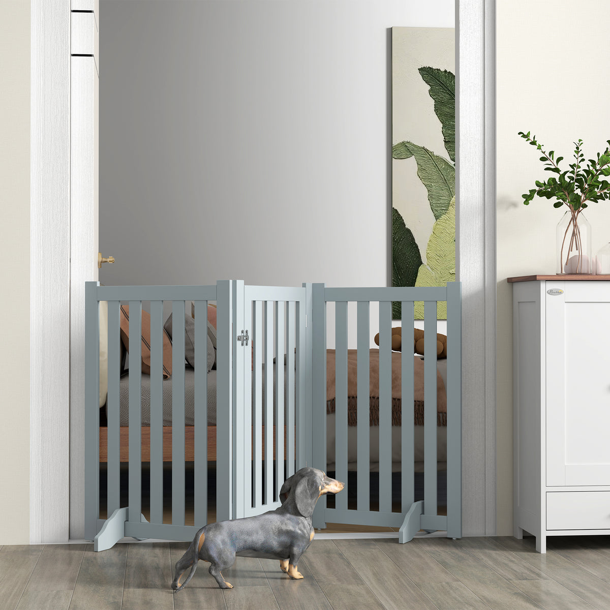 3-Panel Foldable Dog Gate with Door and Support Feet - Grey 31"H-Dogs-DECOROLALA