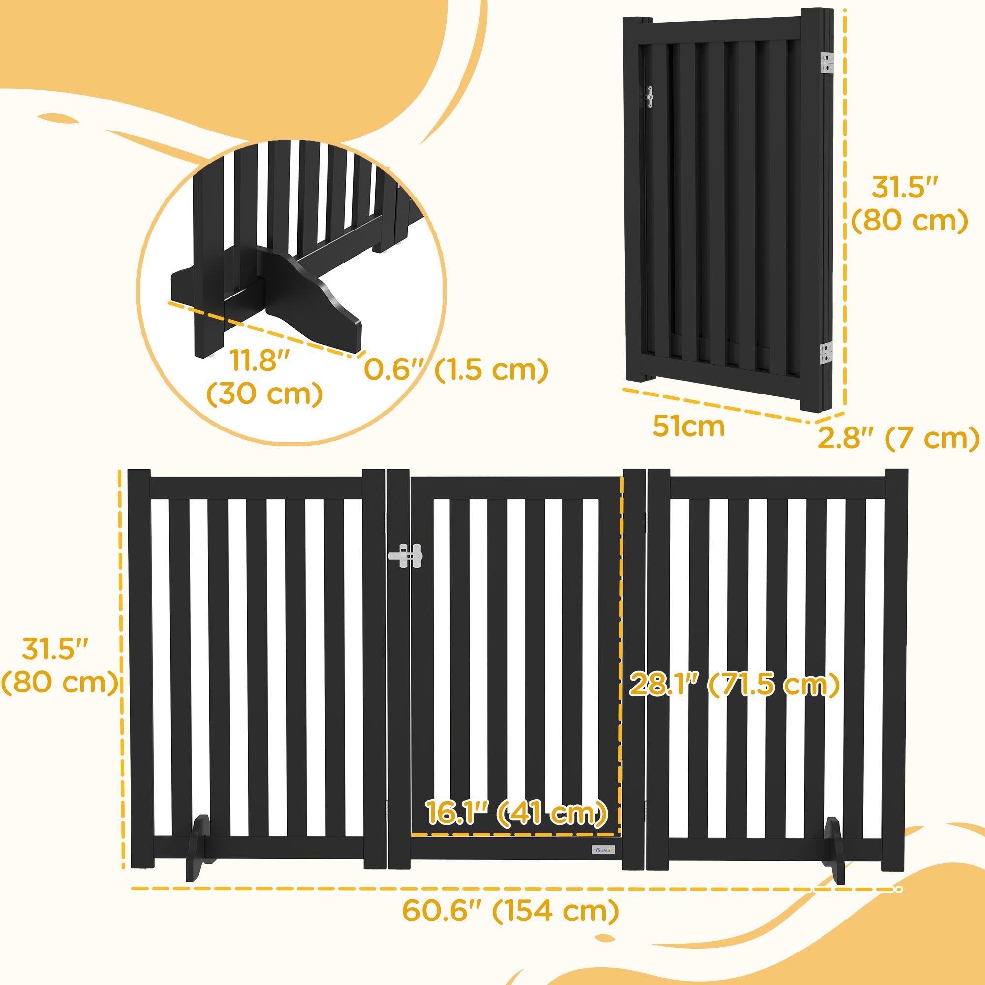 3-Panel Foldable Dog Gate with Feet for Medium Dogs and Below, Black-Dogs-DECOROLALA