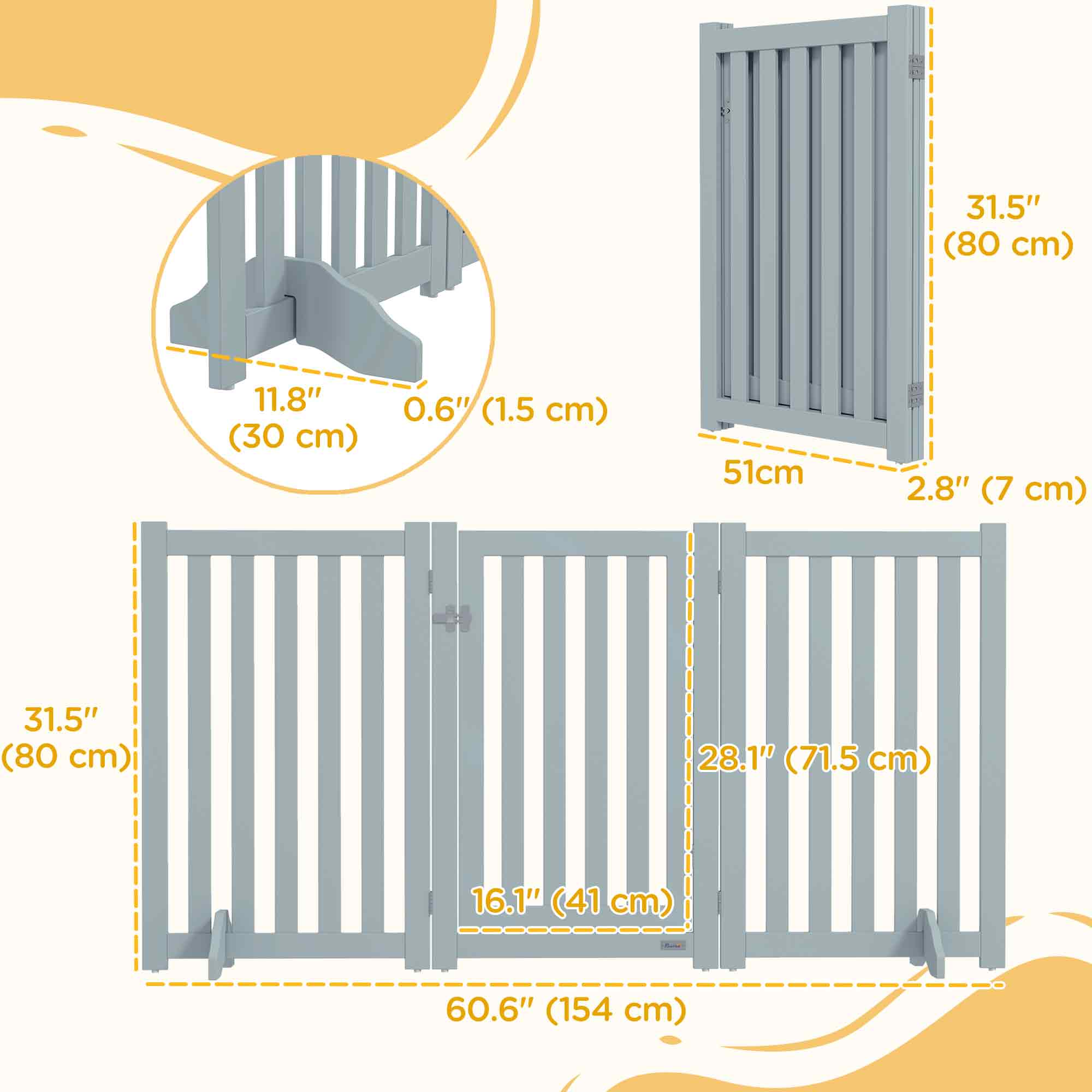 3-Panel Foldable Dog Gate with Feet for Medium Dogs and Below, Grey-Dogs-DECOROLALA