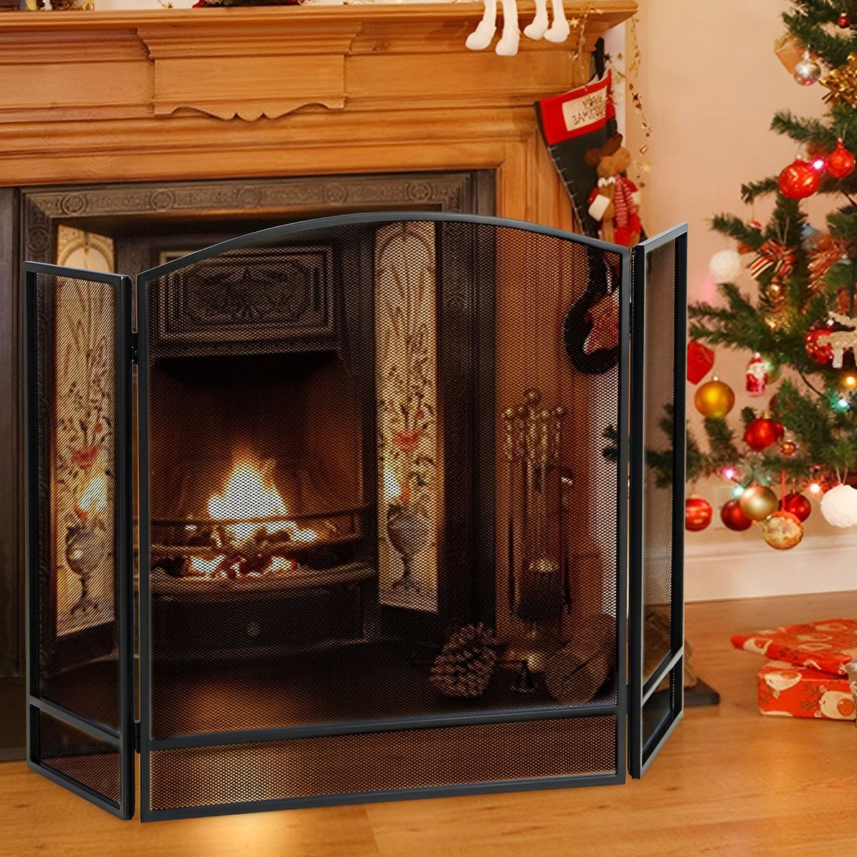 3-Panel Foldable Fireplace Screen with Wrought Metal Mesh-Black-Fireplace Tools-DECOROLALA