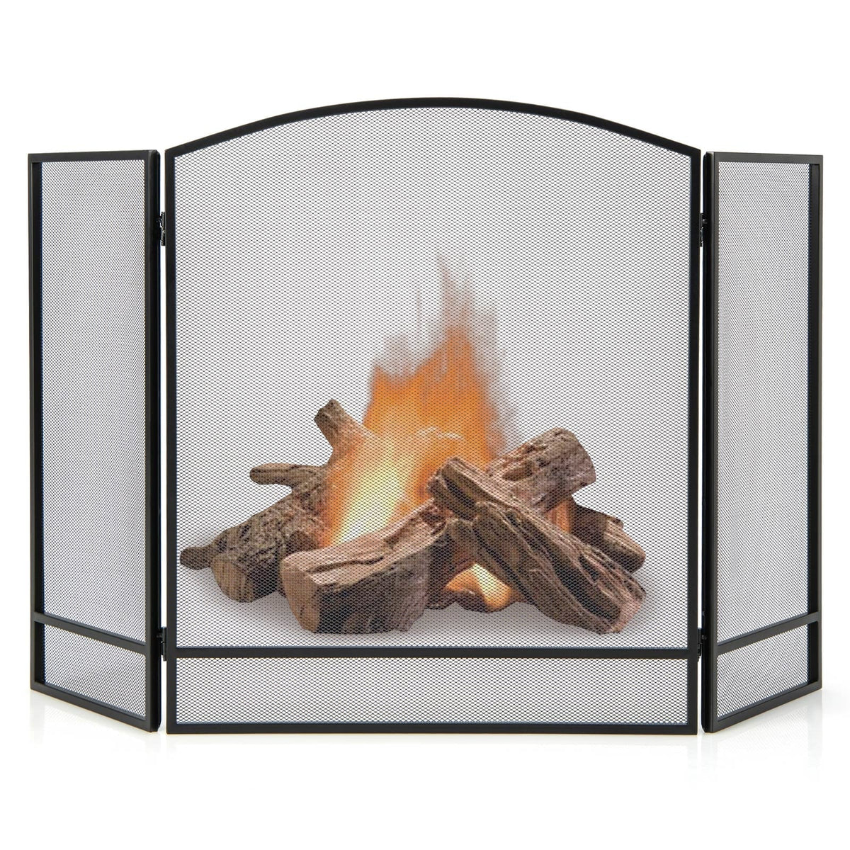 3-Panel Foldable Fireplace Screen with Wrought Metal Mesh-Black-Fireplace Tools-DECOROLALA
