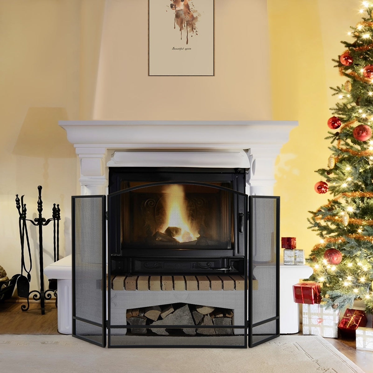 3-Panel Foldable Fireplace Screen with Wrought Metal Mesh-Black-Fireplace Tools-DECOROLALA