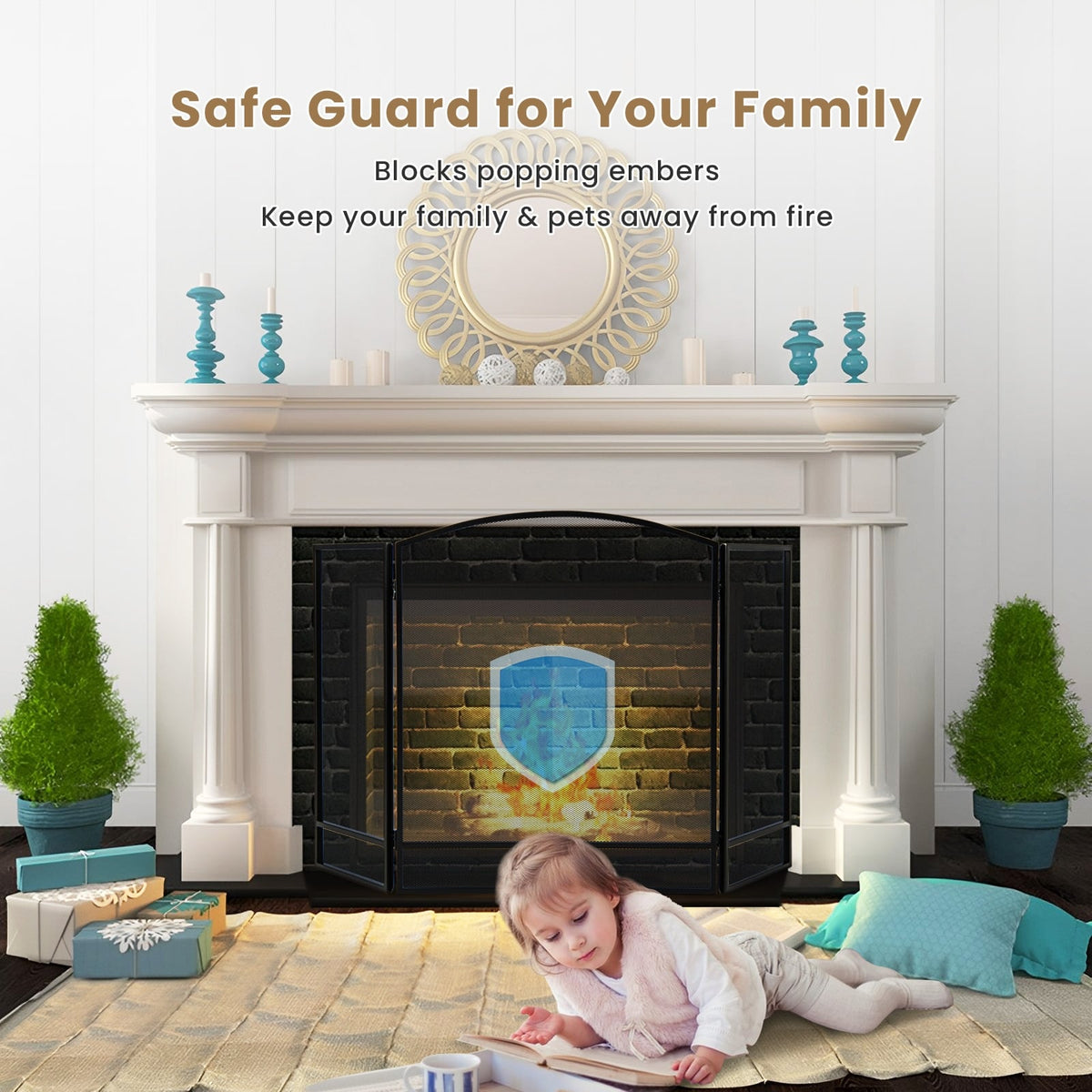 3-Panel Foldable Fireplace Screen with Wrought Metal Mesh-Black-Fireplace Tools-DECOROLALA