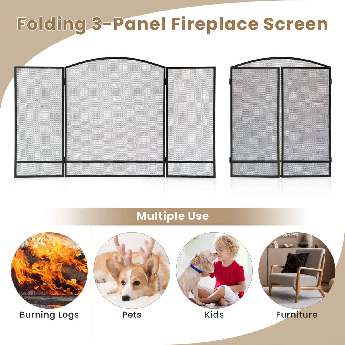 3-Panel Foldable Fireplace Screen with Wrought Metal Mesh-Black-Fireplace Tools-DECOROLALA