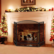3-Panel Foldable Fireplace Screen with Wrought Metal Mesh-Black-Fireplace Tools-DECOROLALA