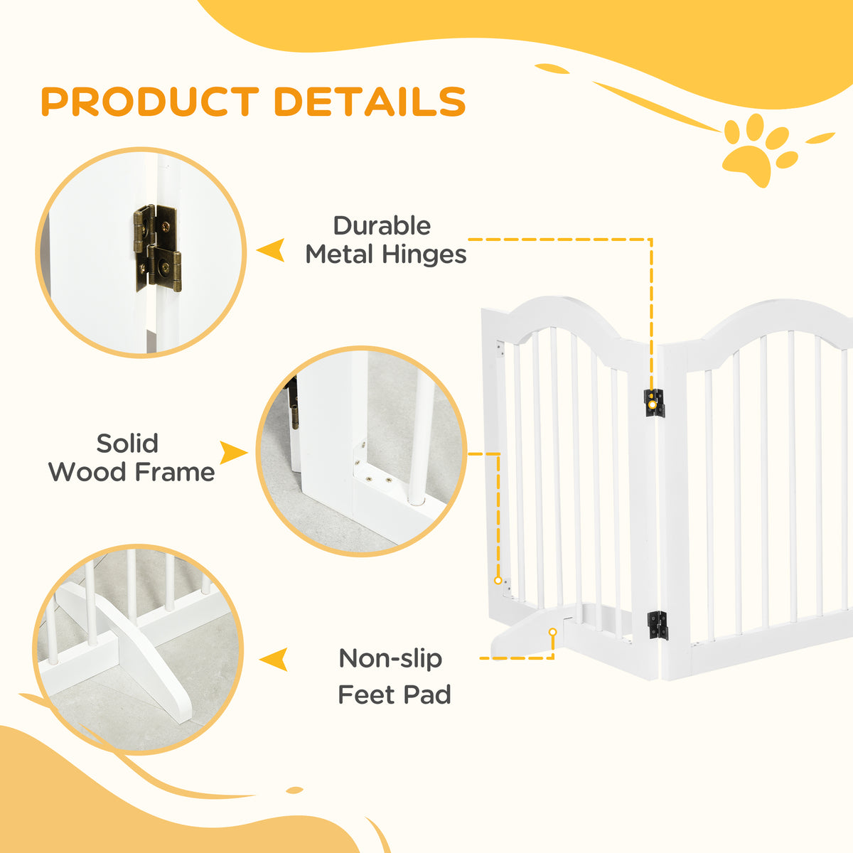 3-Panel Foldable Freestanding Pet Gate with Support Feet - White-Dogs-DECOROLALA
