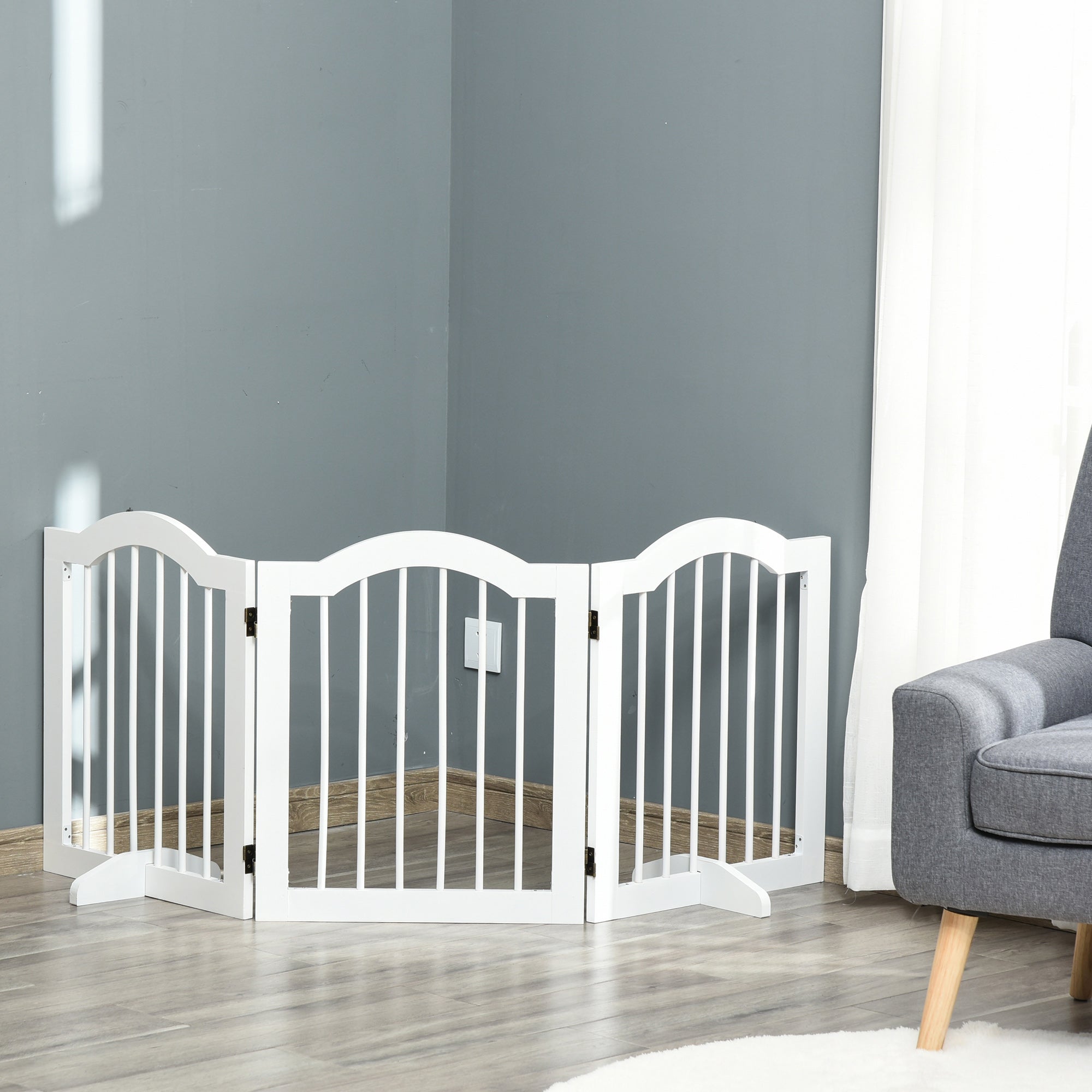 3-Panel Foldable Freestanding Pet Gate with Support Feet - White-Dogs-DECOROLALA
