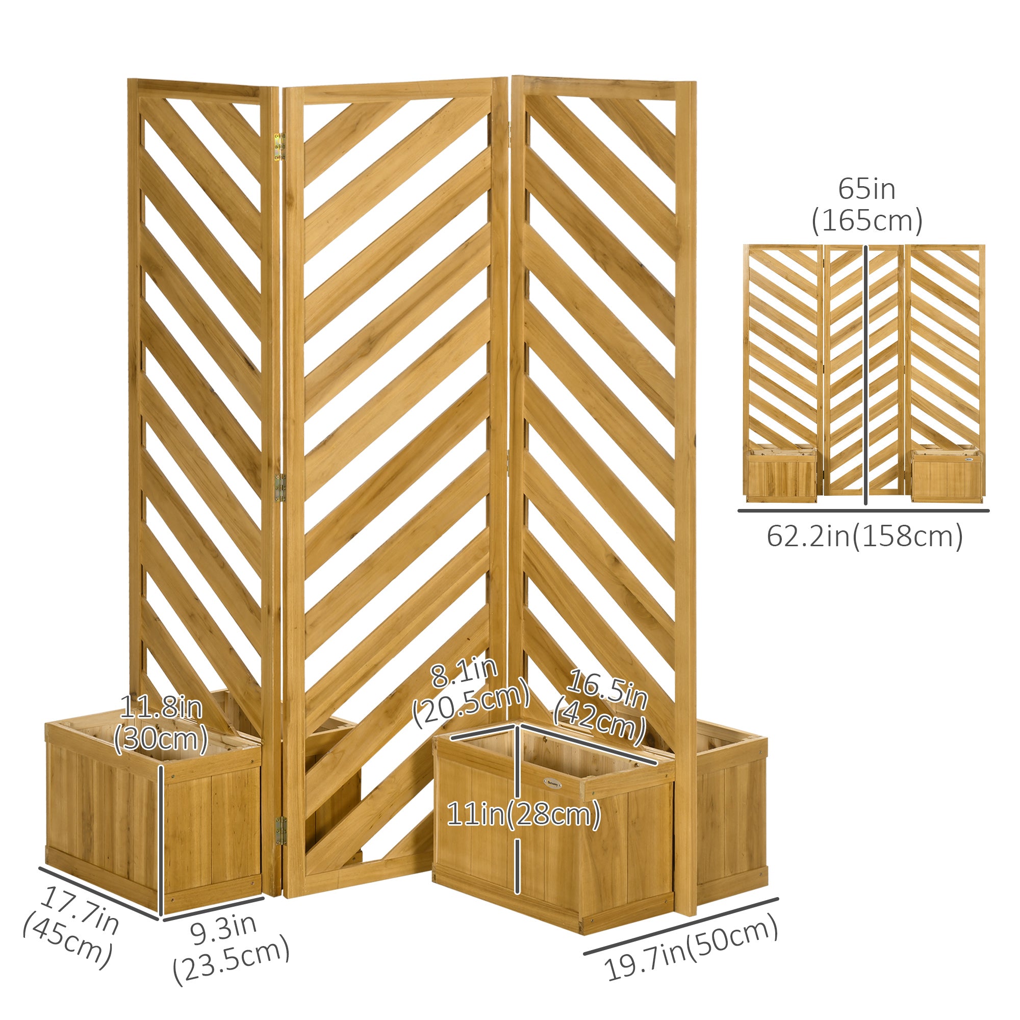 3-Panel Folding Privacy Screen with 4 Planters - Brown Fir Wood-DECOROLALA