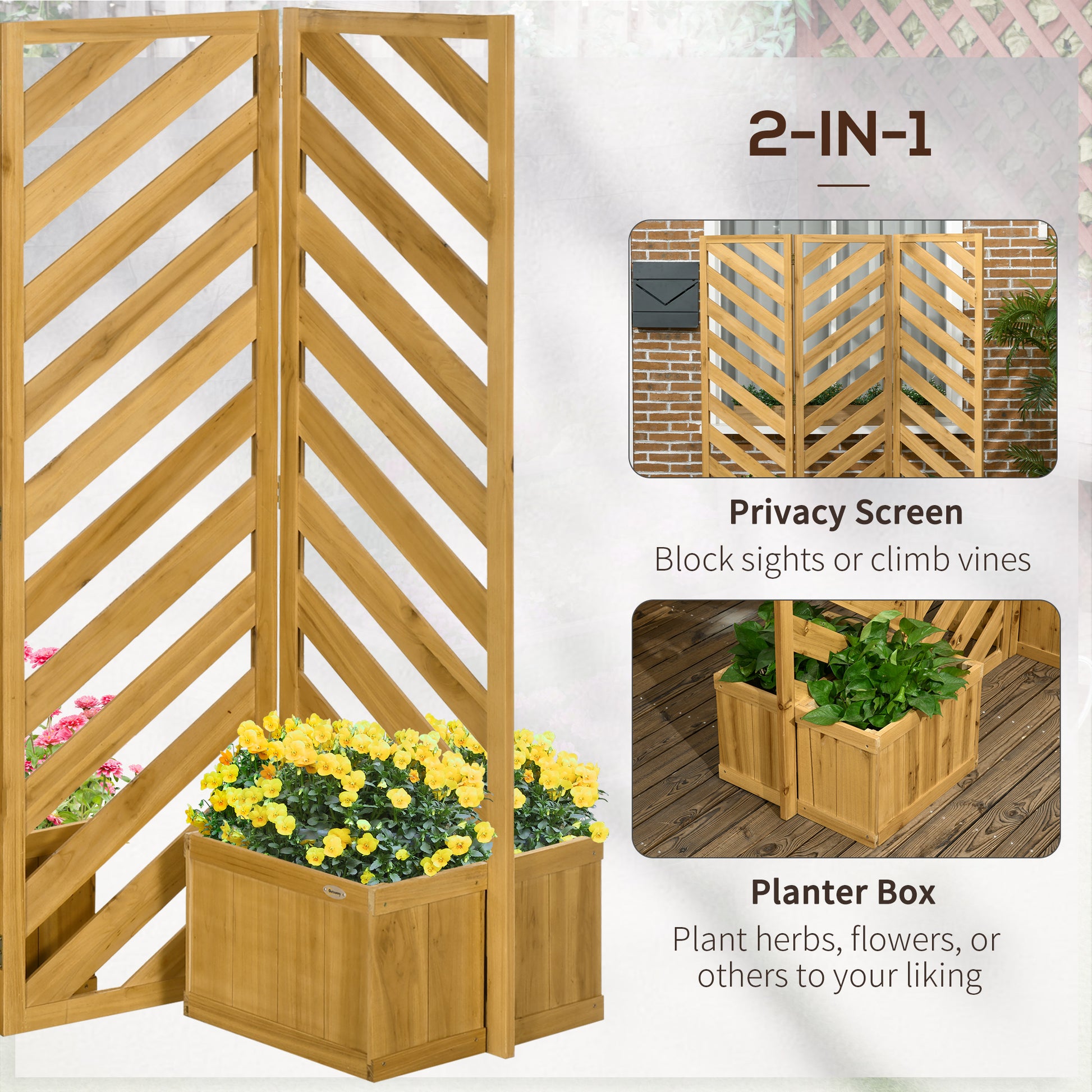 3-Panel Folding Privacy Screen with 4 Planters - Brown Fir Wood-DECOROLALA