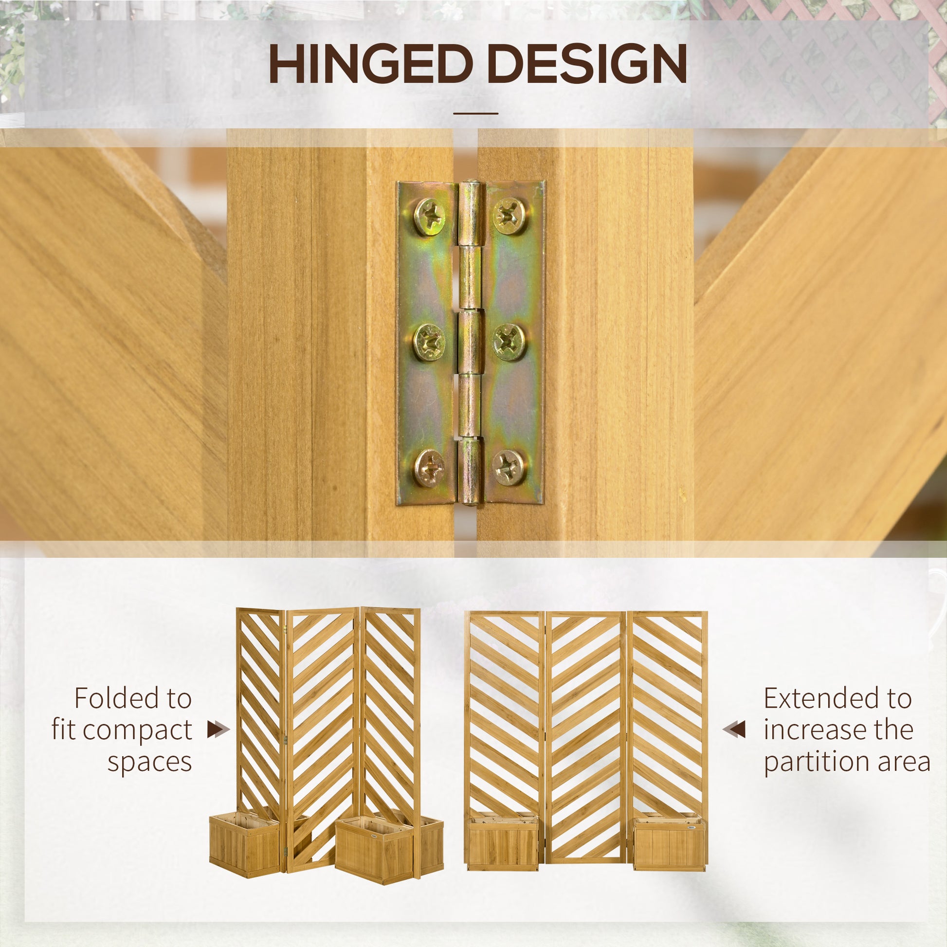 3-Panel Folding Privacy Screen with 4 Planters - Brown Fir Wood-DECOROLALA