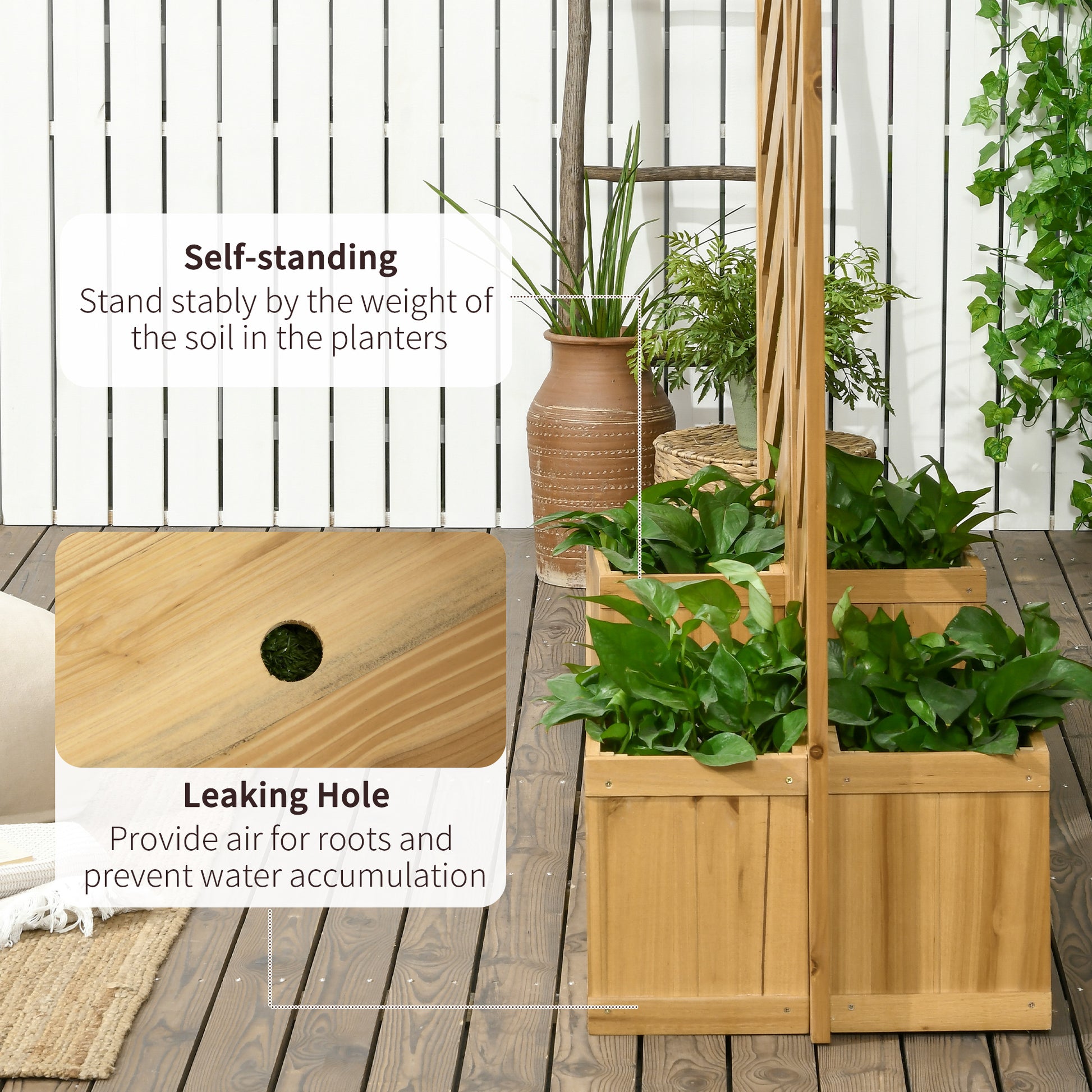 3-Panel Folding Privacy Screen with 4 Planters - Brown Fir Wood-DECOROLALA