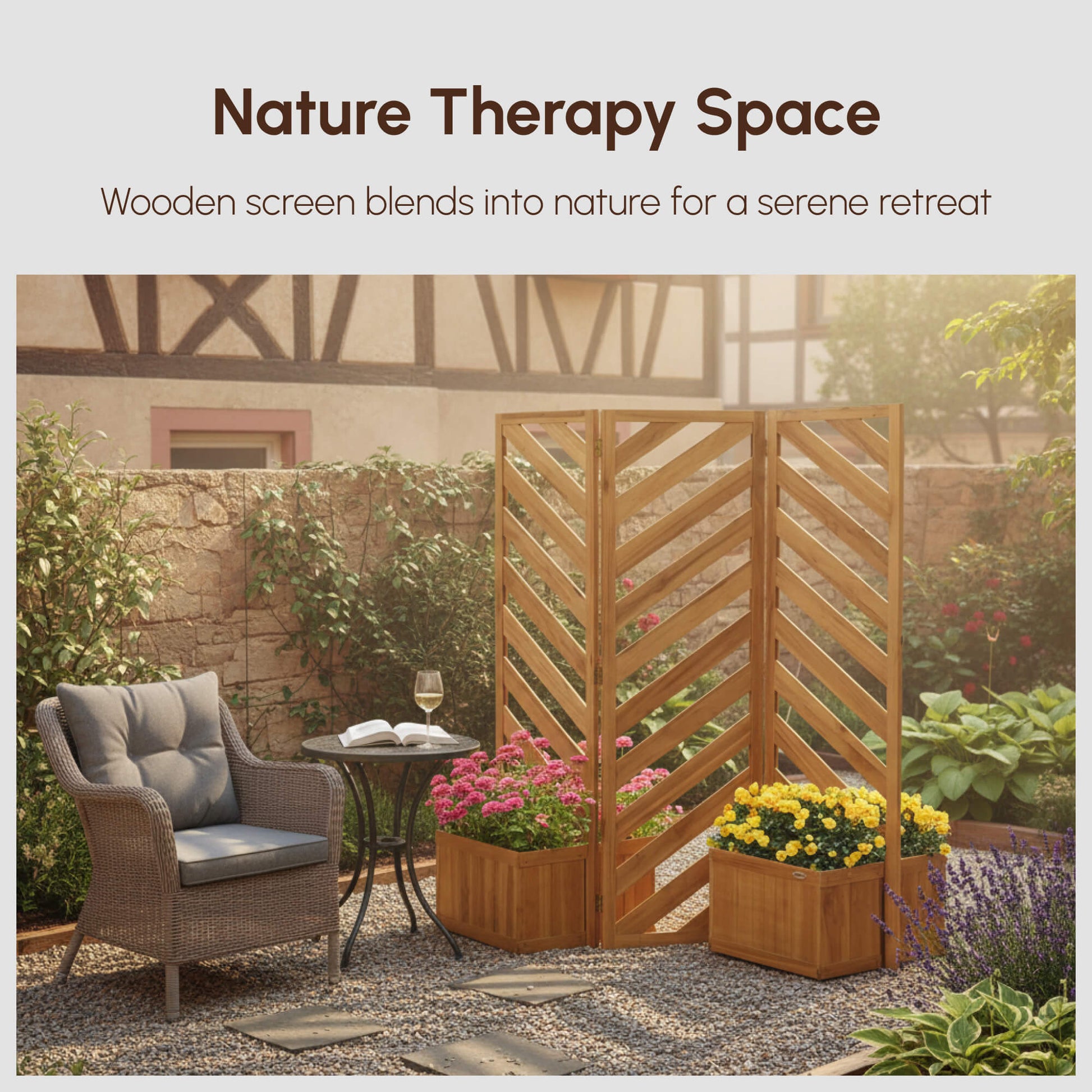 3-Panel Folding Privacy Screen with 4 Planters - Brown Fir Wood-DECOROLALA
