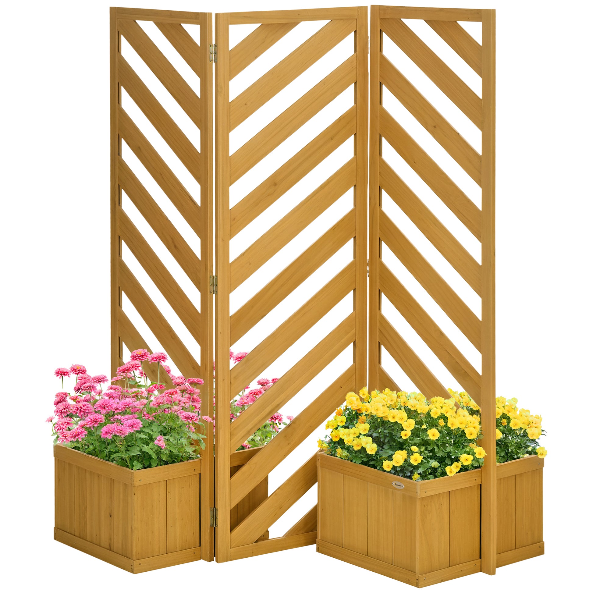 3-Panel Folding Privacy Screen with 4 Planters - Brown Fir Wood-DECOROLALA