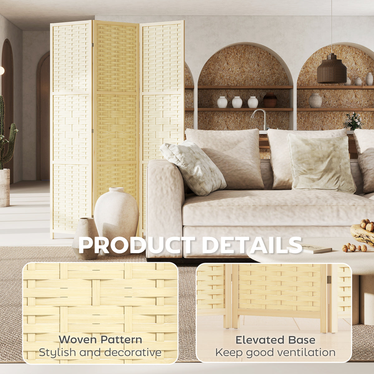 3-Panel Folding Room Divider - 5.6' Natural Wood & Bamboo-Home Furnishings > Living Room Furniture > Room Dividers-DECOROLALA
