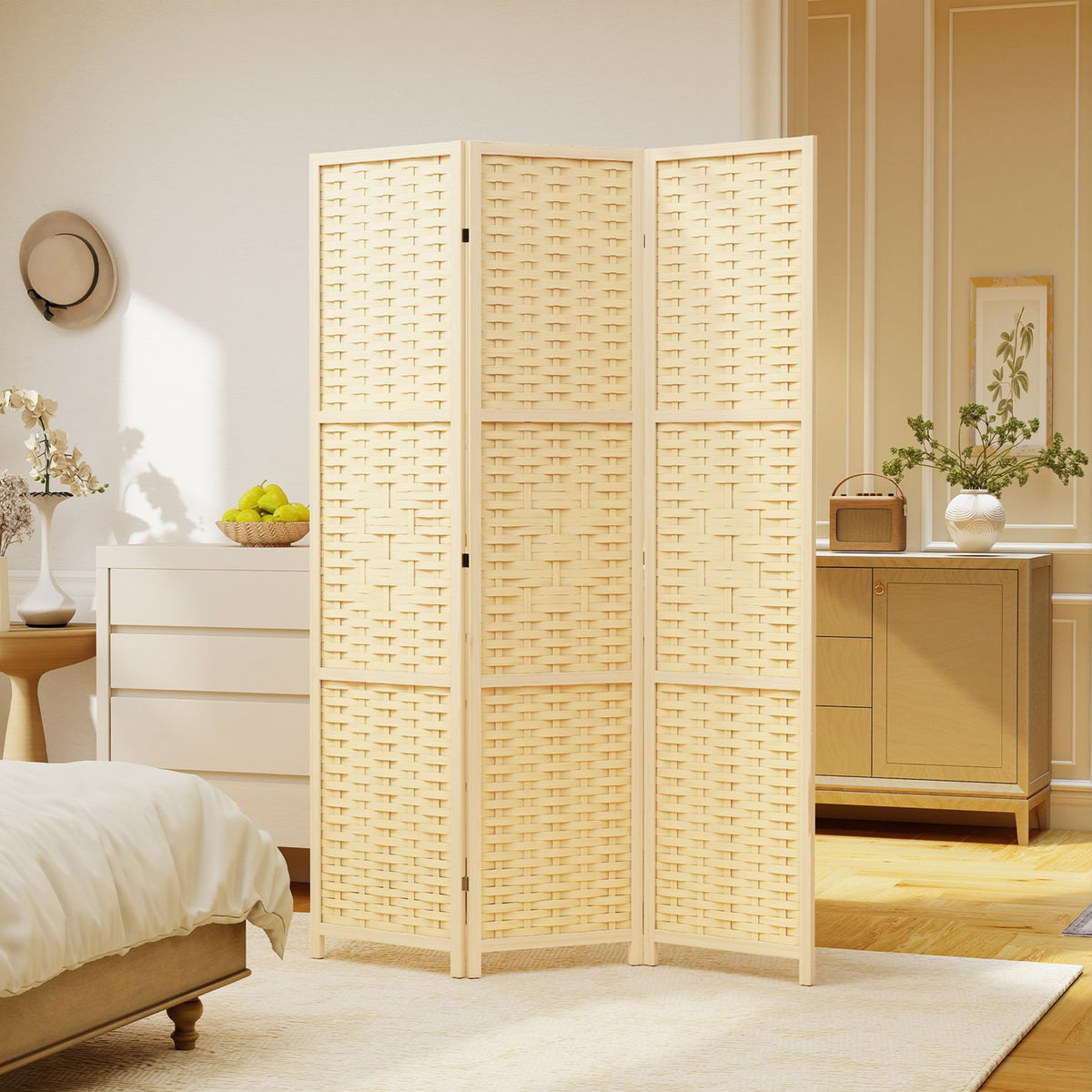 3-Panel Folding Room Divider - 5.6' Natural Wood & Bamboo-Home Furnishings > Living Room Furniture > Room Dividers-DECOROLALA