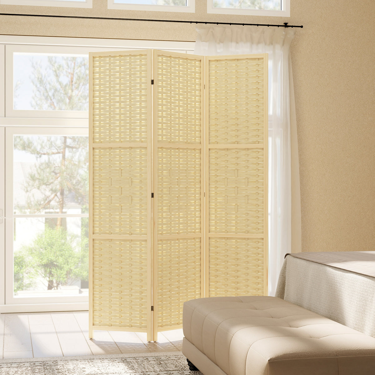 3-Panel Folding Room Divider - 5.6' Natural Wood & Bamboo-Home Furnishings > Living Room Furniture > Room Dividers-DECOROLALA